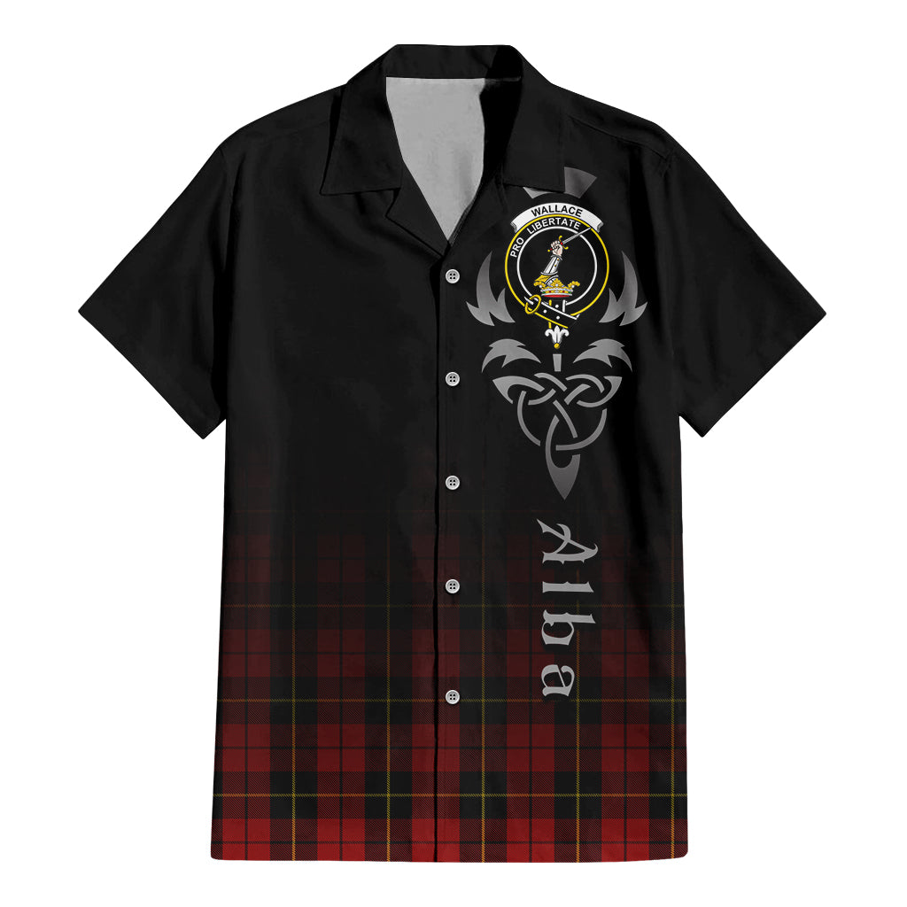 Tartan Vibes Clothing Wallace Tartan Short Sleeve Button Up Featuring Alba Gu Brath Family Crest Celtic Inspired