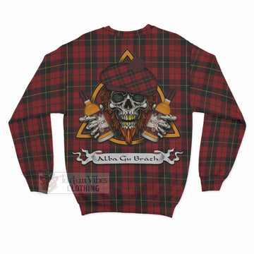 Wallace Tartan Sweatshirt with Family Crest and Bearded Skull Holding Bottles of Whiskey