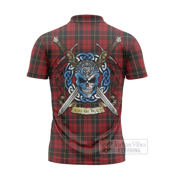 Wallace Tartan Zipper Polo Shirt with Family Crest Celtic Skull Style