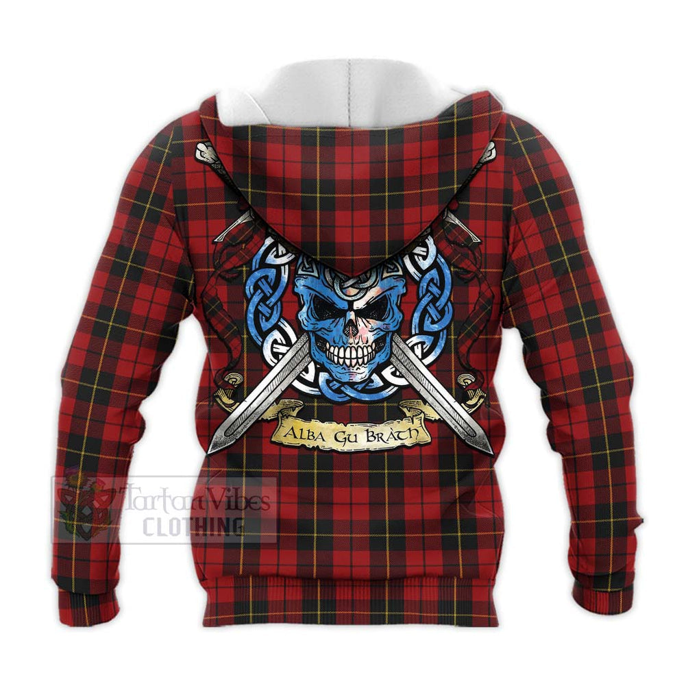 Tartan Vibes Clothing Wallace Tartan Knitted Hoodie with Family Crest Celtic Skull Style