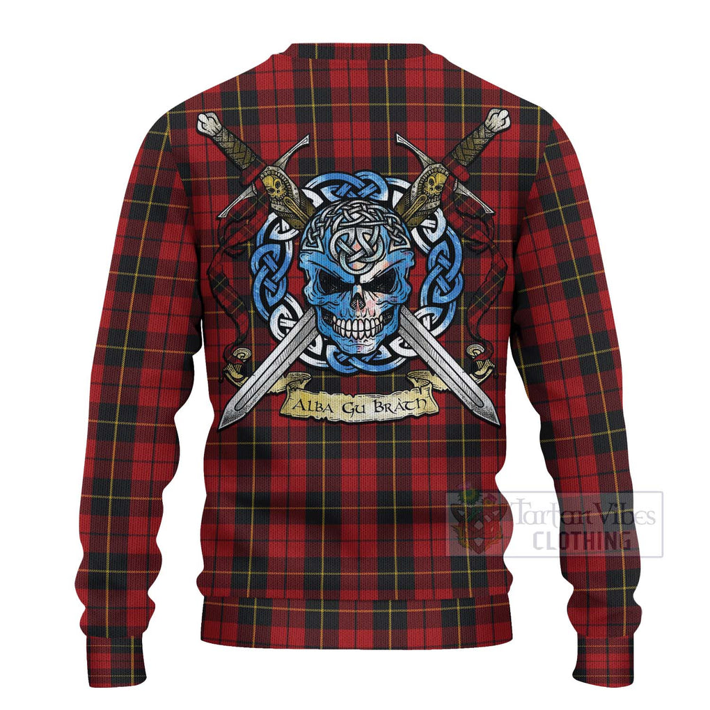 Tartan Vibes Clothing Wallace Tartan Knitted Sweater with Family Crest Celtic Skull Style