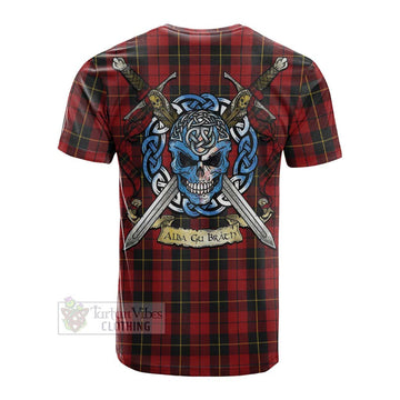 Wallace Tartan Cotton T-shirt with Family Crest Celtic Skull Style