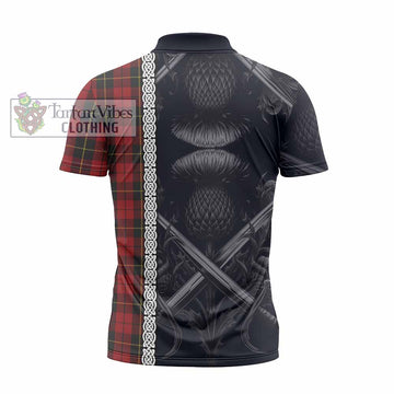 Wallace Tartan Zipper Polo Shirt with Family Crest Cross Sword Thistle Celtic Vibes