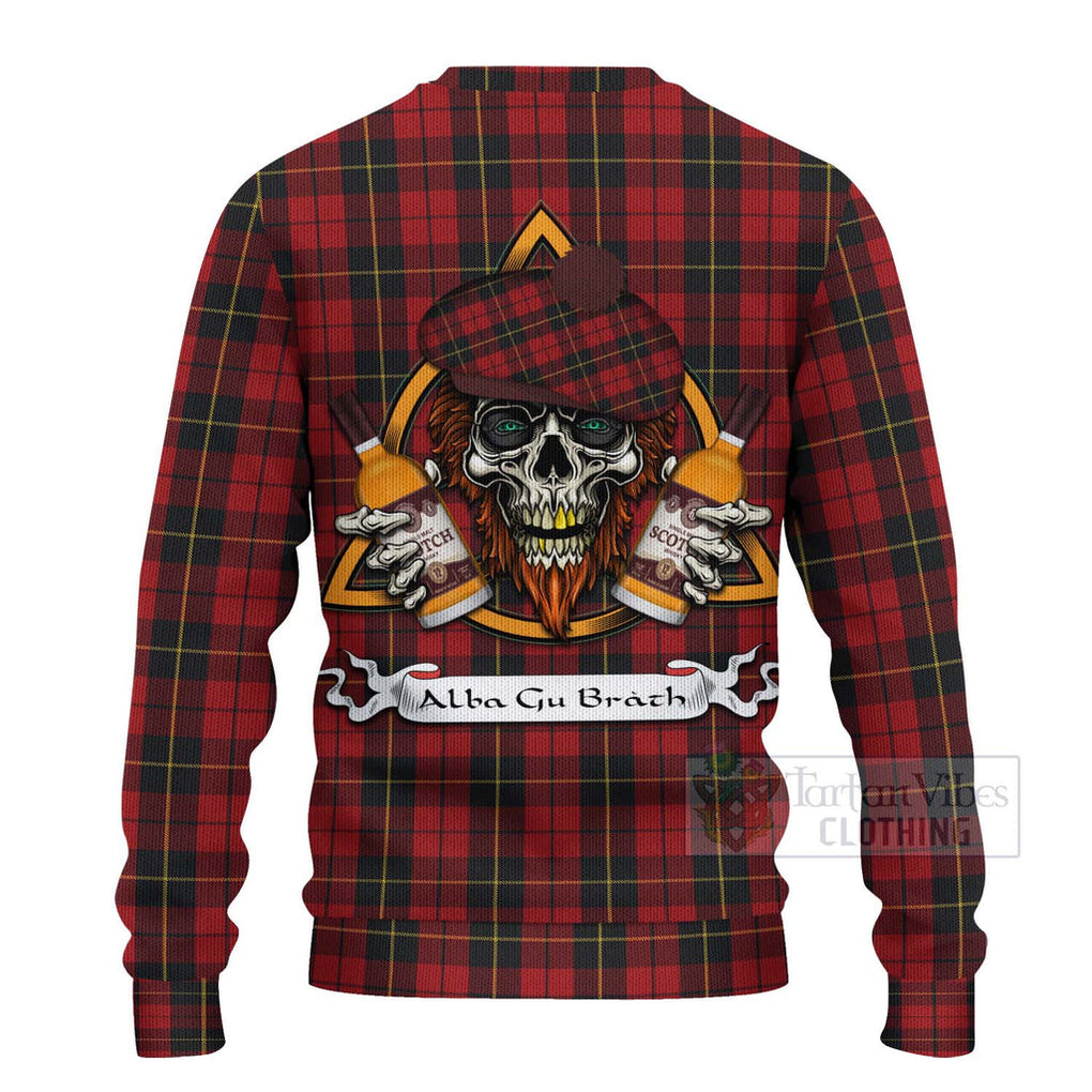 Tartan Vibes Clothing Wallace Tartan Knitted Sweater with Family Crest and Bearded Skull Holding Bottles of Whiskey