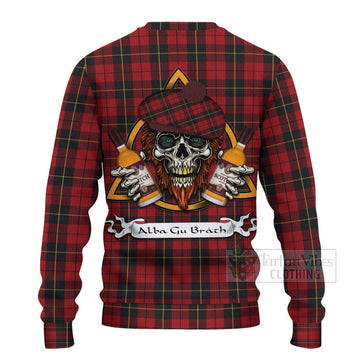 Wallace Tartan Ugly Sweater with Family Crest and Bearded Skull Holding Bottles of Whiskey