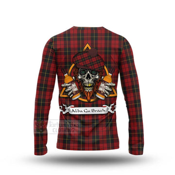 Wallace Tartan Long Sleeve T-Shirt with Family Crest and Bearded Skull Holding Bottles of Whiskey