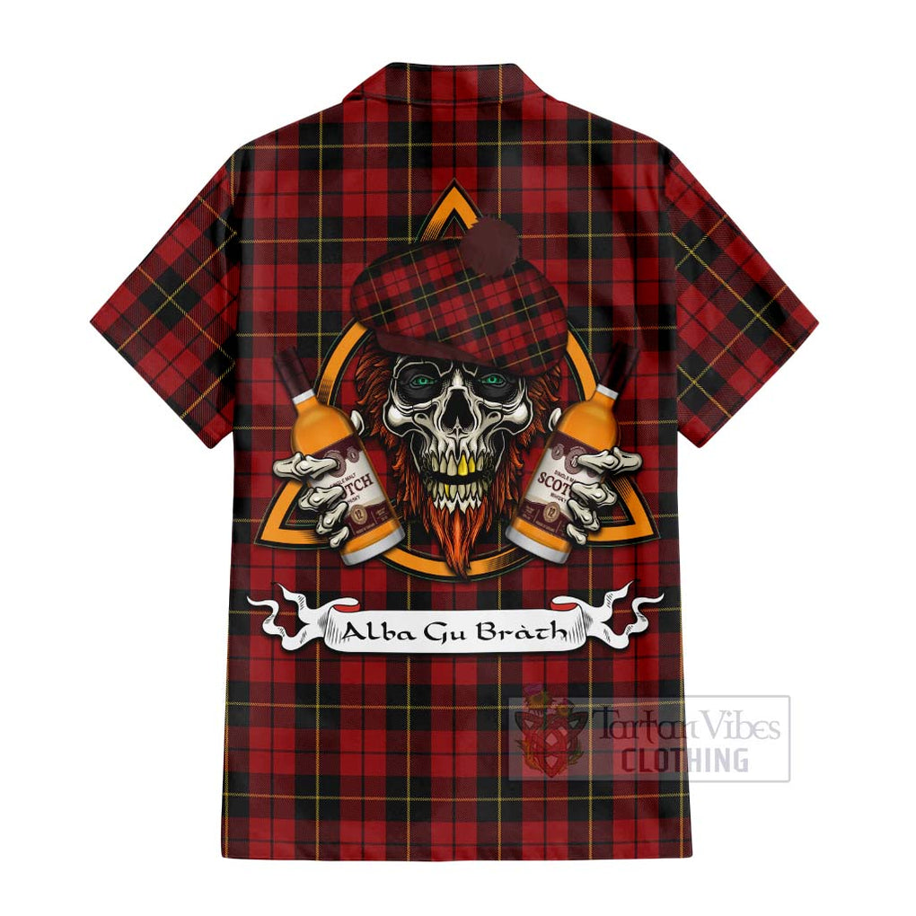 Tartan Vibes Clothing Wallace Tartan Short Sleeve Button Shirt with Family Crest and Bearded Skull Holding Bottles of Whiskey