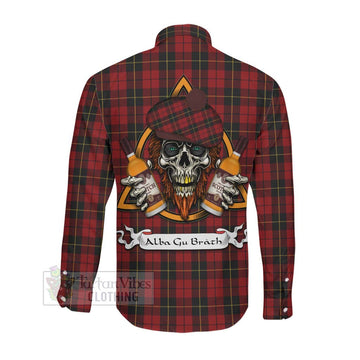 Wallace Tartan Long Sleeve Button Shirt with Family Crest and Bearded Skull Holding Bottles of Whiskey