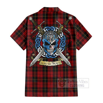 Wallace Tartan Short Sleeve Button Shirt with Family Crest Celtic Skull Style