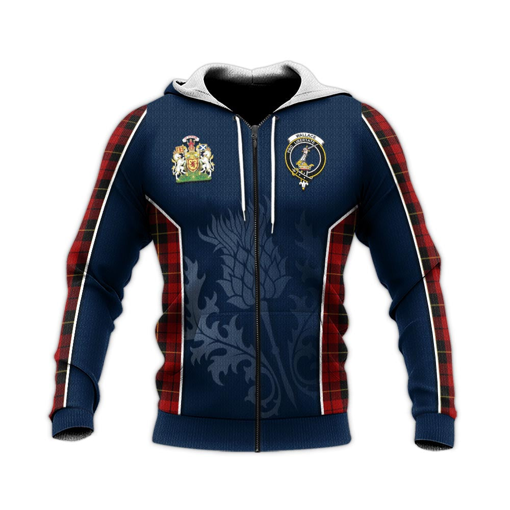 Tartan Vibes Clothing Wallace Tartan Knitted Hoodie with Family Crest and Scottish Thistle Vibes Sport Style