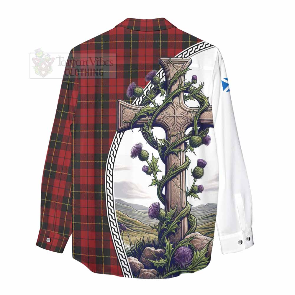 Tartan Vibes Clothing Wallace Tartan Women's Casual Shirt with Family Crest and St. Andrew's Cross Accented by Thistle Vines