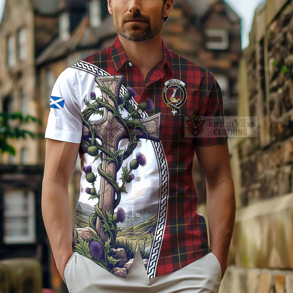 Tartan Vibes Clothing Wallace Tartan Short Sleeve Button Shirt with Family Crest and St. Andrew's Cross Accented by Thistle Vines