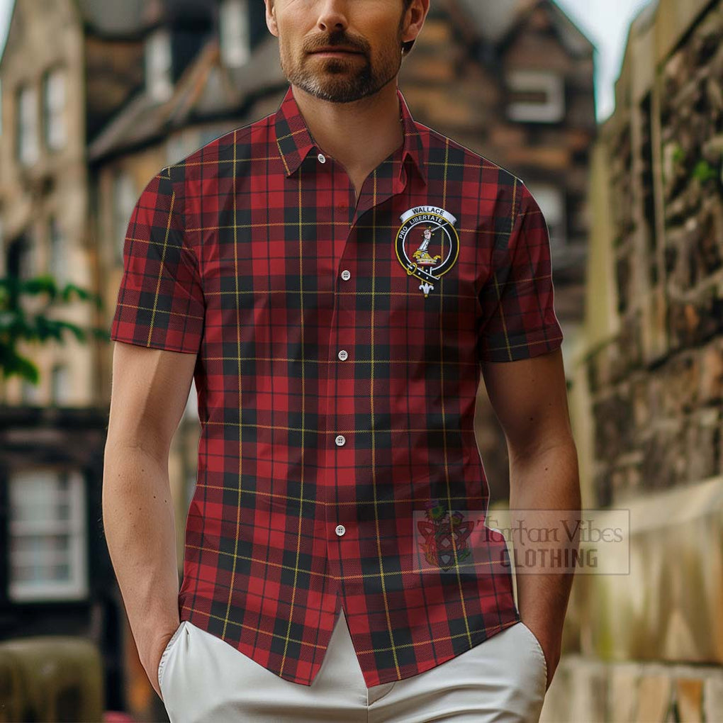 Tartan Vibes Clothing Wallace Tartan Short Sleeve Button Shirt with Family Crest and Bearded Skull Holding Bottles of Whiskey