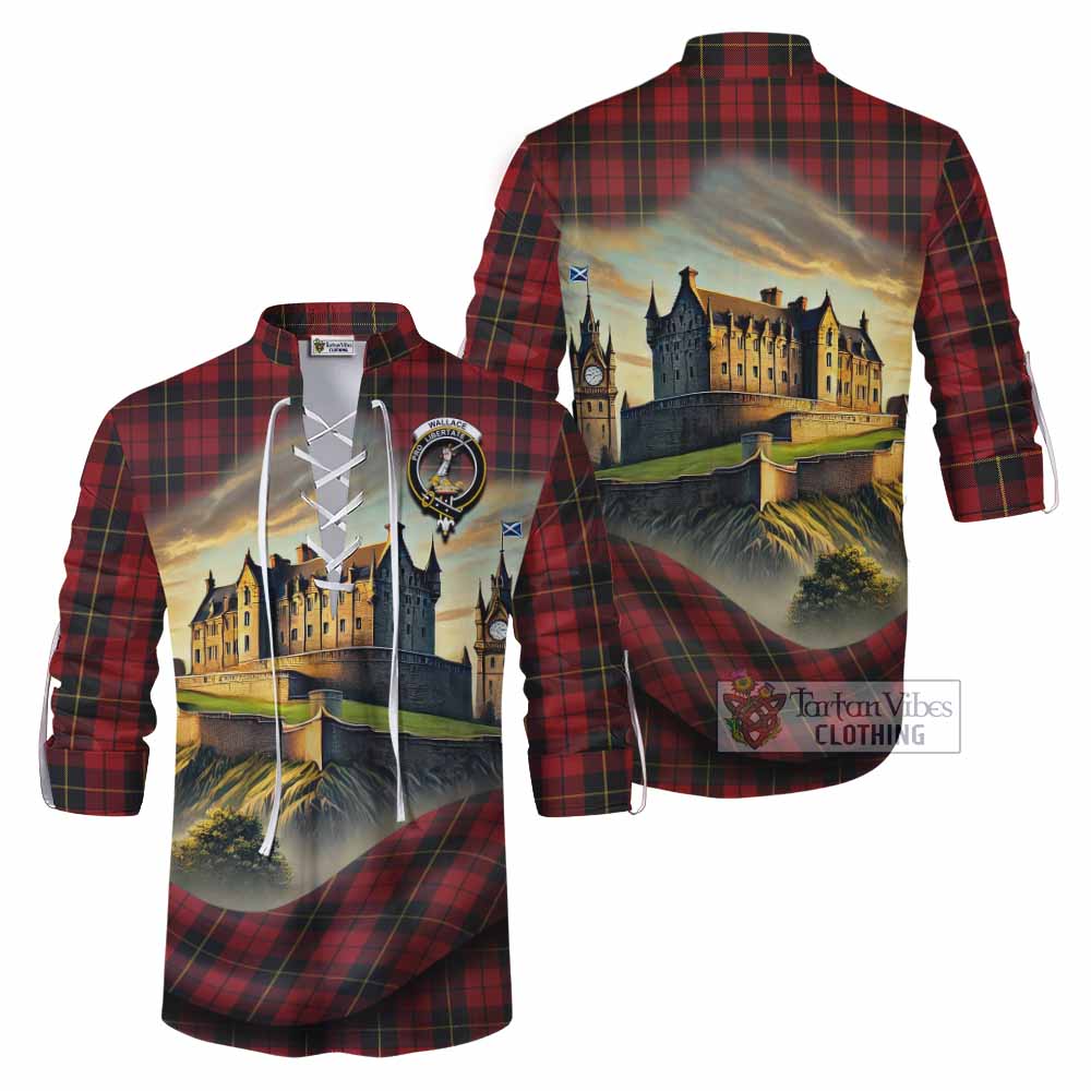 Wallace Tartan Family Crest Ghillie Kilt Shirt with Scottish Ancient Castle Style - Tartan Vibes Clothing