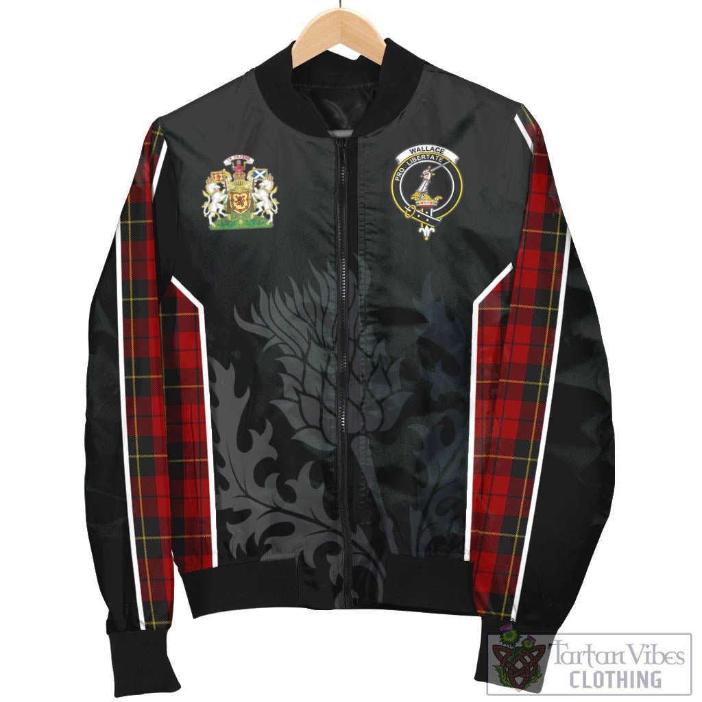 Tartan Vibes Clothing Wallace Tartan Bomber Jacket with Family Crest and Scottish Thistle Vibes Sport Style