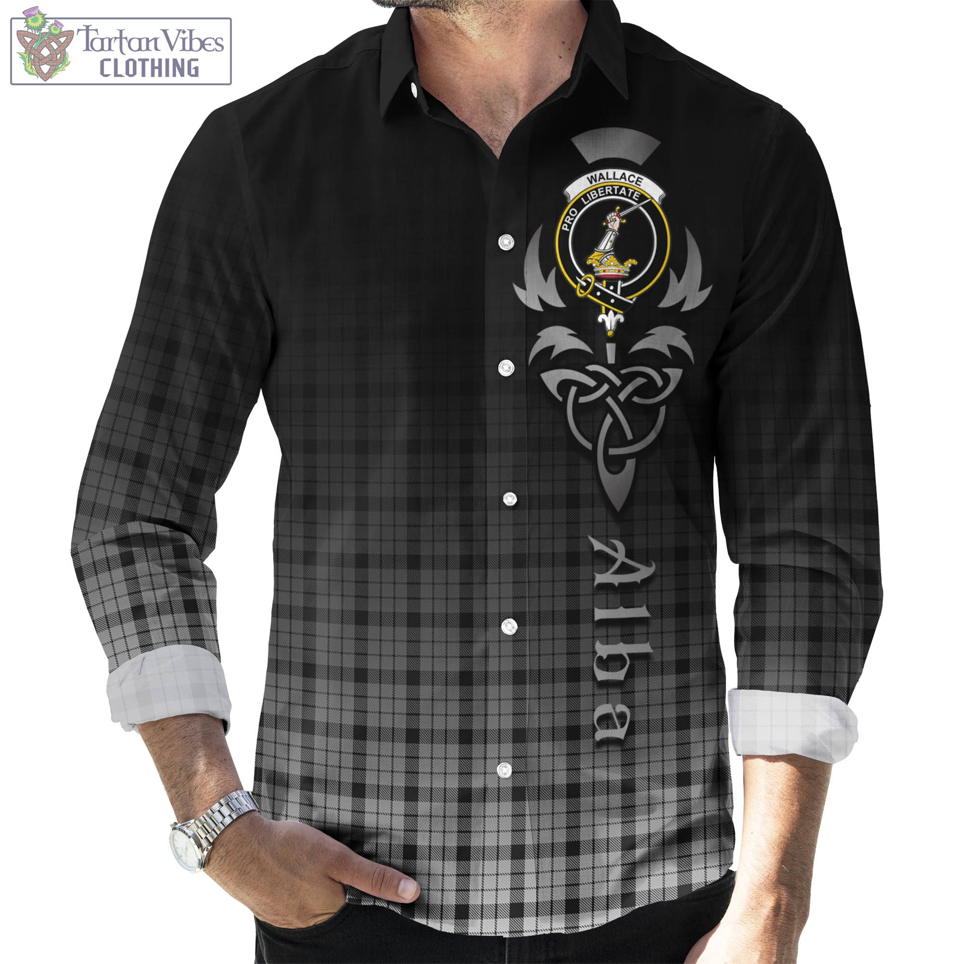 Tartan Vibes Clothing Wallace Dress Tartan Long Sleeve Button Up Featuring Alba Gu Brath Family Crest Celtic Inspired