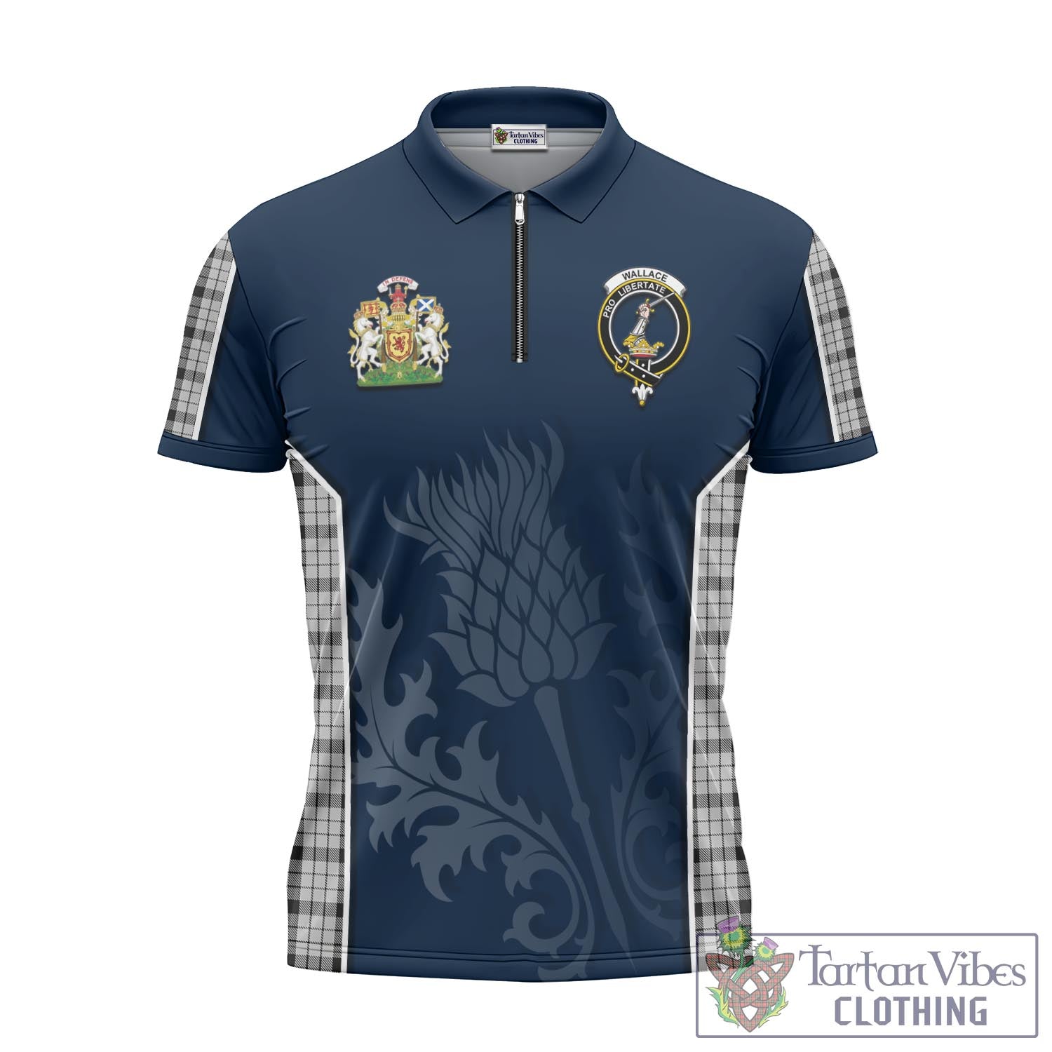 Tartan Vibes Clothing Wallace Dress Tartan Zipper Polo Shirt with Family Crest and Scottish Thistle Vibes Sport Style