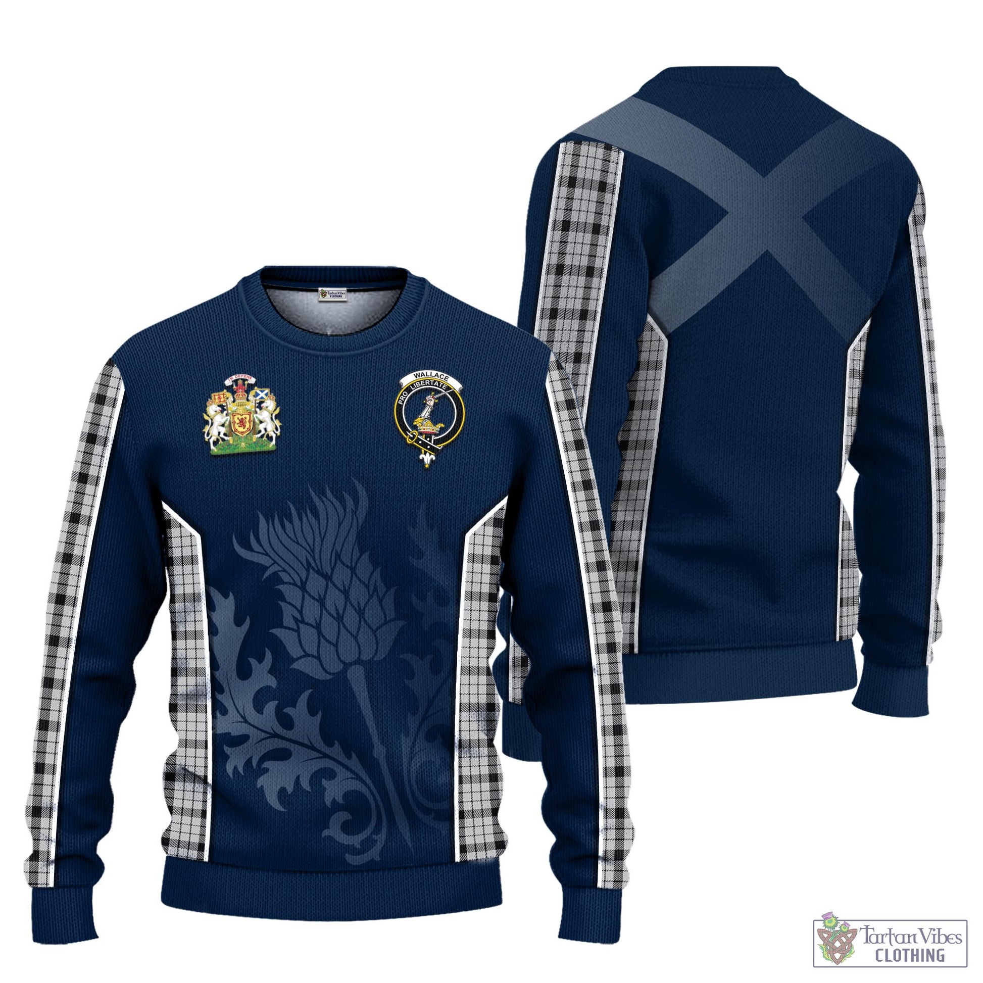 Tartan Vibes Clothing Wallace Dress Tartan Knitted Sweatshirt with Family Crest and Scottish Thistle Vibes Sport Style