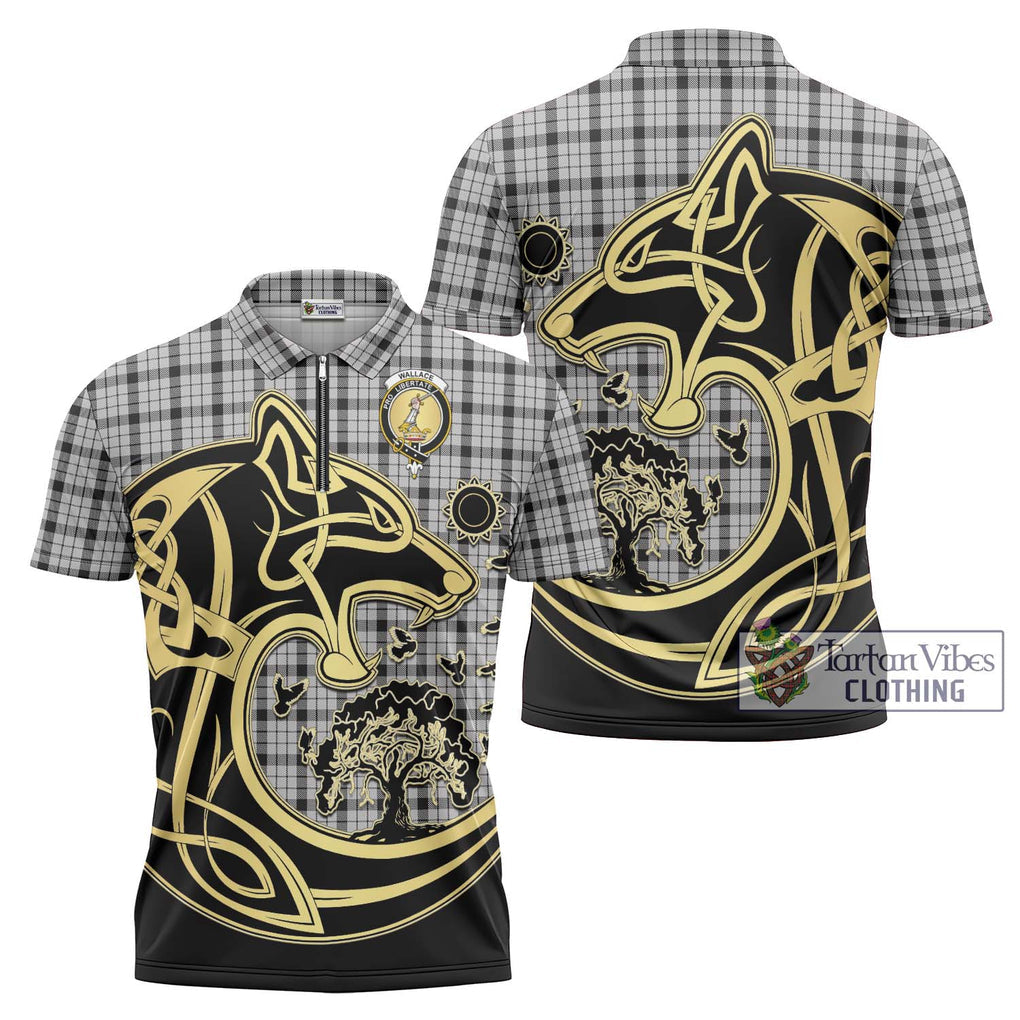 Wallace Dress Tartan Zipper Polo Shirt with Family Crest Celtic Wolf Style Unisex - Tartanvibesclothing Shop