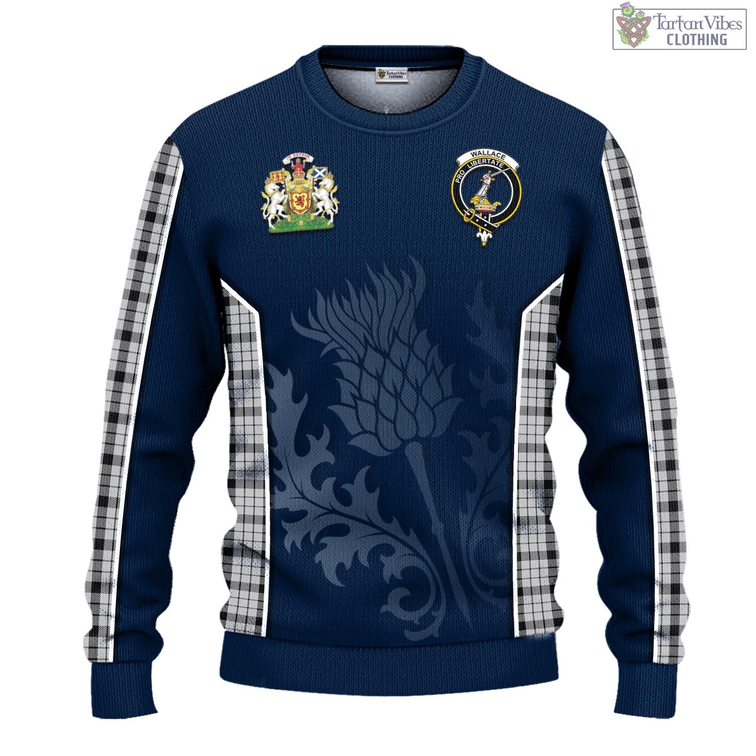 Tartan Vibes Clothing Wallace Dress Tartan Knitted Sweatshirt with Family Crest and Scottish Thistle Vibes Sport Style