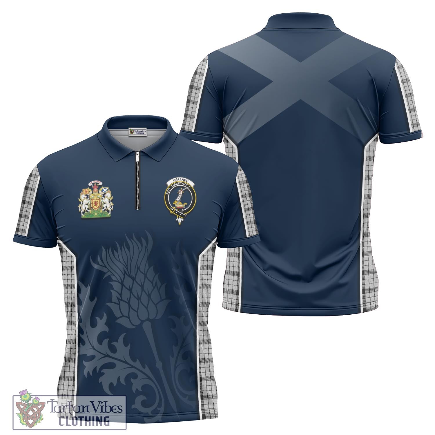 Tartan Vibes Clothing Wallace Dress Tartan Zipper Polo Shirt with Family Crest and Scottish Thistle Vibes Sport Style