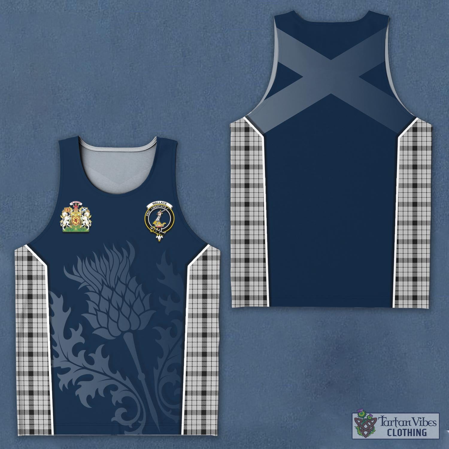 Tartan Vibes Clothing Wallace Dress Tartan Men's Tanks Top with Family Crest and Scottish Thistle Vibes Sport Style