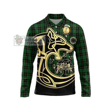 Wallace Hunting Tartan Long Sleeve Polo Shirt with Family Crest Celtic Wolf Style