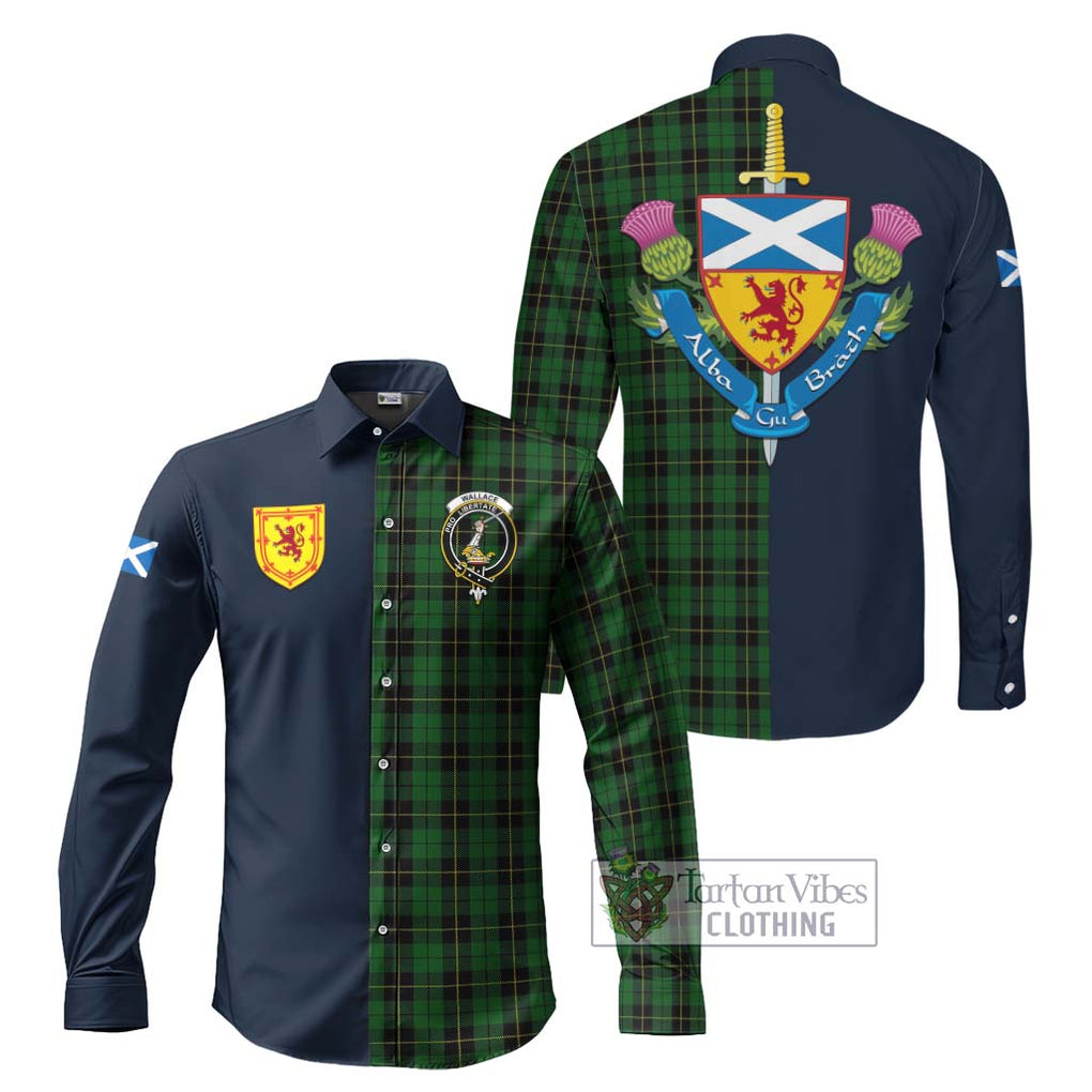 Tartan Vibes Clothing Wallace Hunting Tartan Long Sleeve Button Shirt with Scottish Lion Royal Arm Half Style