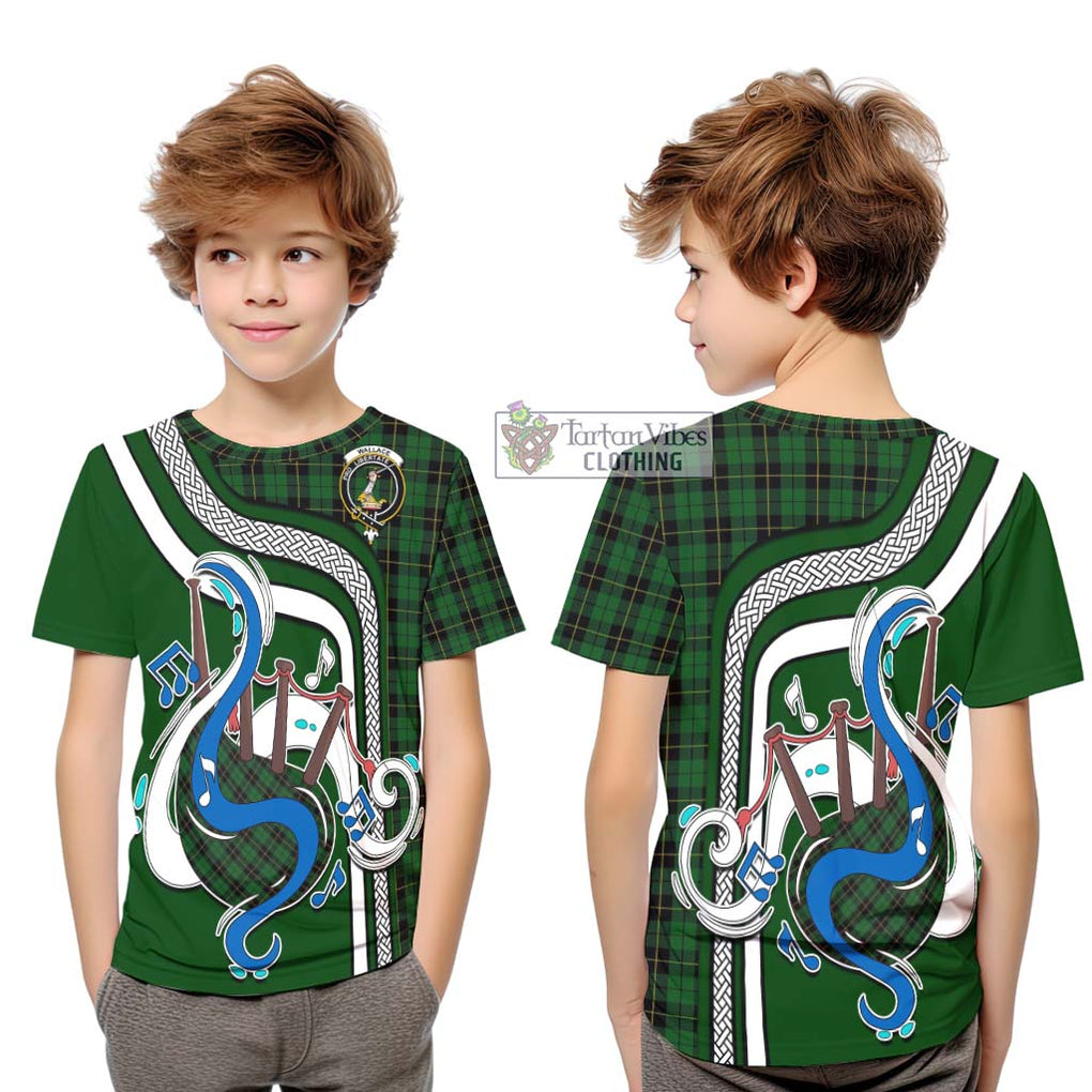 Tartan Vibes Clothing Wallace Hunting Tartan Kid T-Shirt with Epic Bagpipe Style