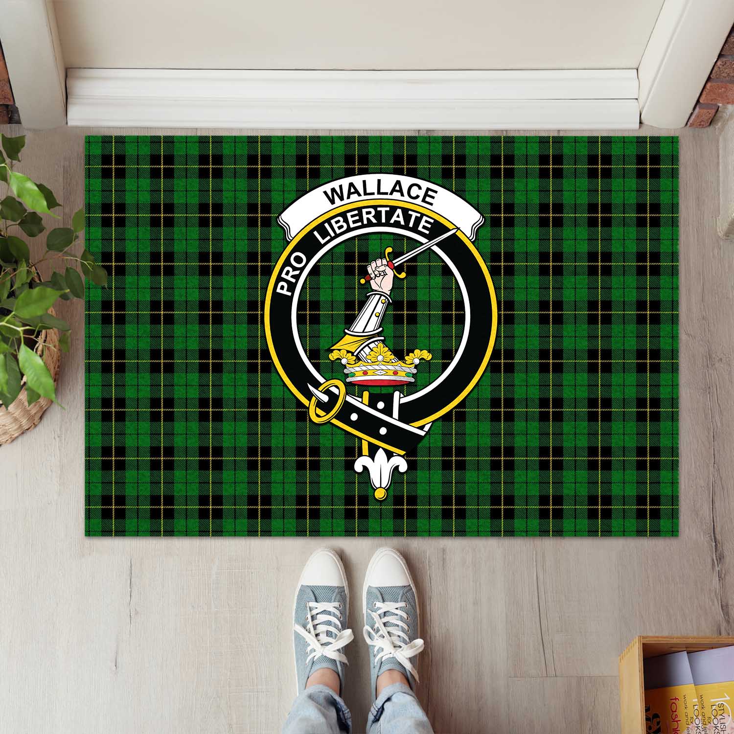 Wallace Hunting Tartan Door Mat with Family Crest - Tartanvibesclothing Shop