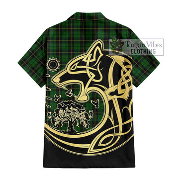 Wallace Hunting Tartan Short Sleeve Button Shirt with Family Crest Celtic Wolf Style