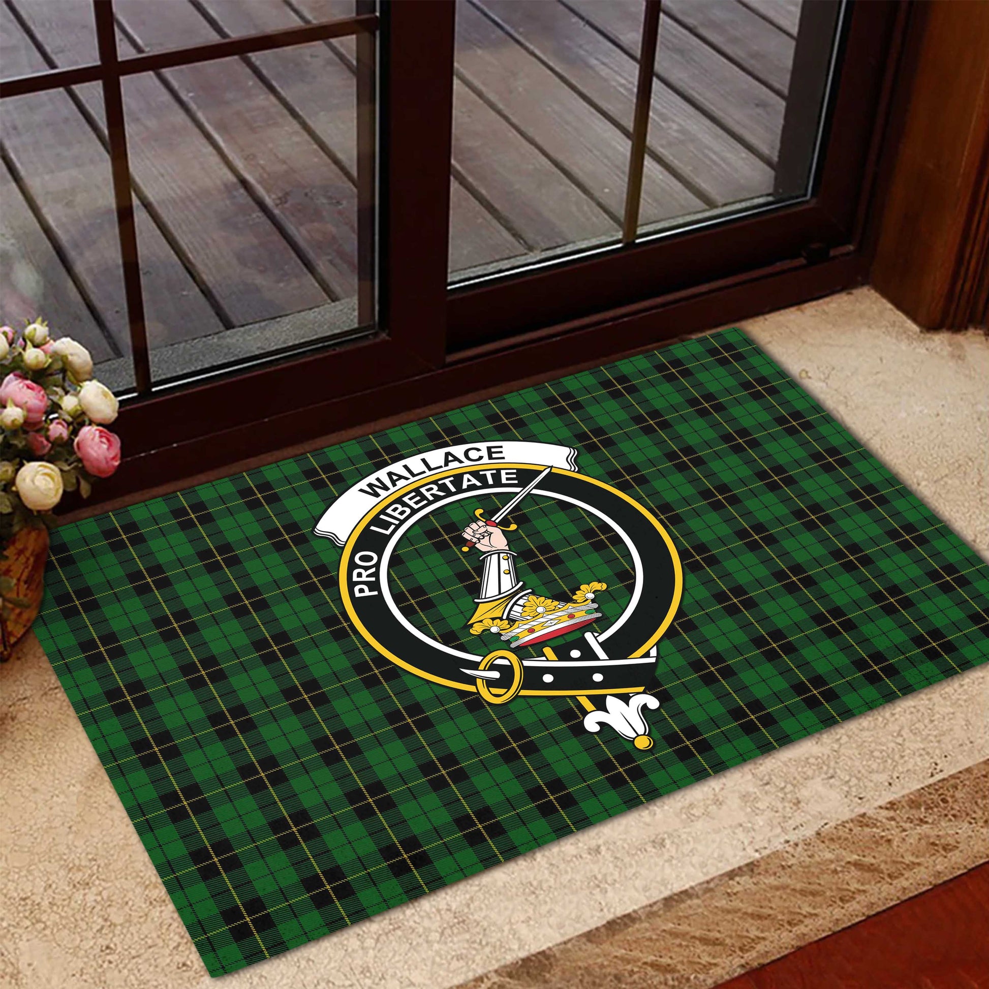 Wallace Hunting Tartan Door Mat with Family Crest - Tartanvibesclothing Shop