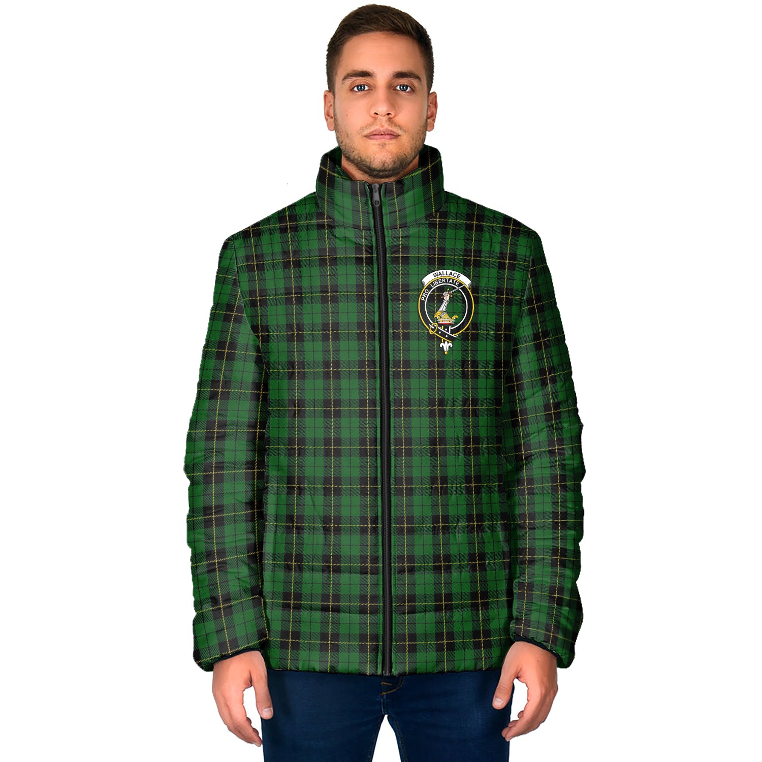 Wallace Hunting Tartan Padded Jacket with Family Crest - Tartan Vibes Clothing