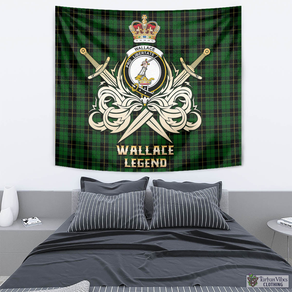 Tartan Vibes Clothing Wallace Hunting Tartan Tapestry with Clan Crest and the Golden Sword of Courageous Legacy