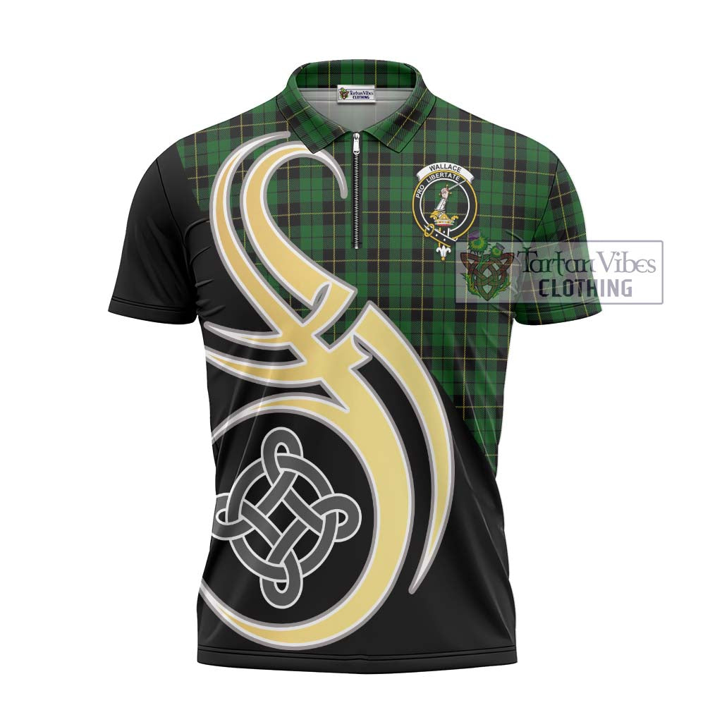 Tartan Vibes Clothing Wallace Hunting Tartan Zipper Polo Shirt with Family Crest and Celtic Symbol Style