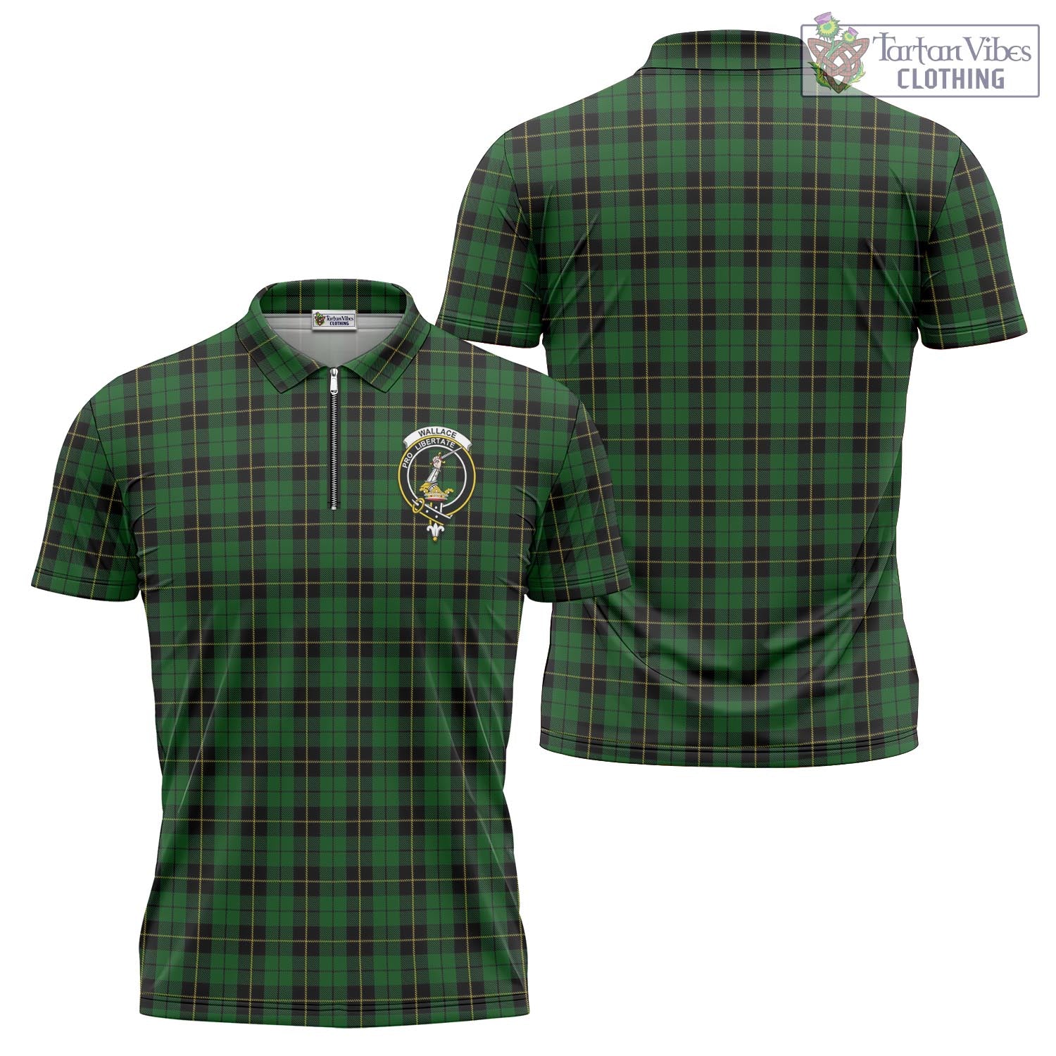 Tartan Vibes Clothing Wallace Hunting Tartan Zipper Polo Shirt with Family Crest