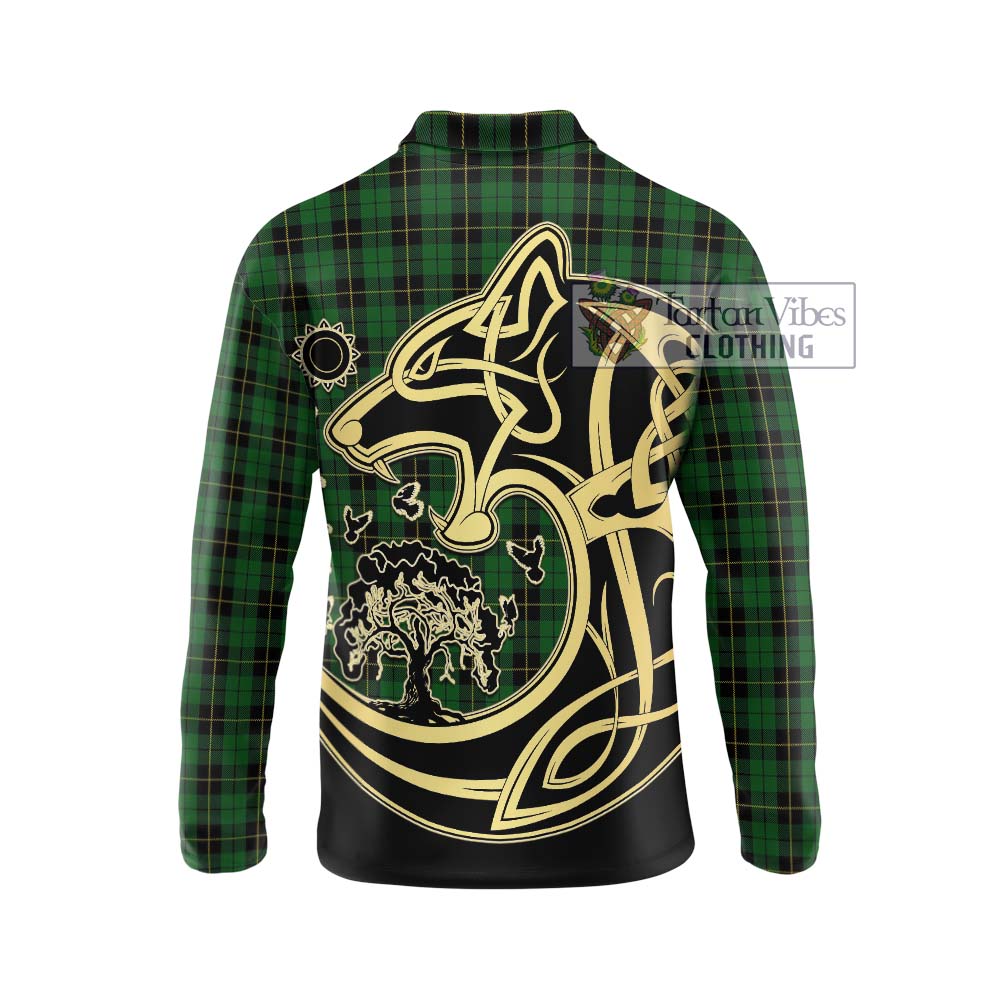 Wallace Hunting Tartan Long Sleeve Polo Shirt with Family Crest Celtic Wolf Style - Tartanvibesclothing Shop