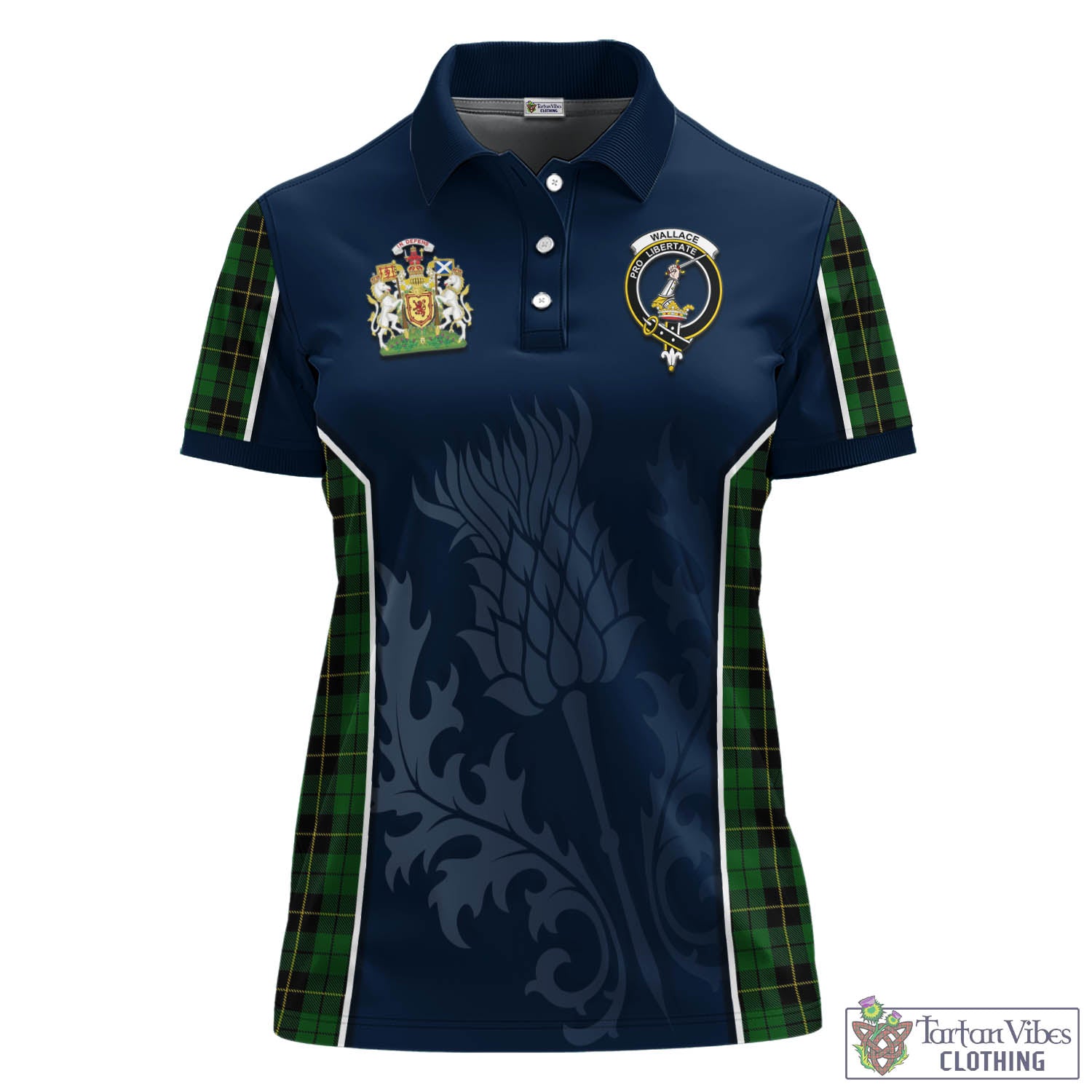 Tartan Vibes Clothing Wallace Hunting Tartan Women's Polo Shirt with Family Crest and Scottish Thistle Vibes Sport Style