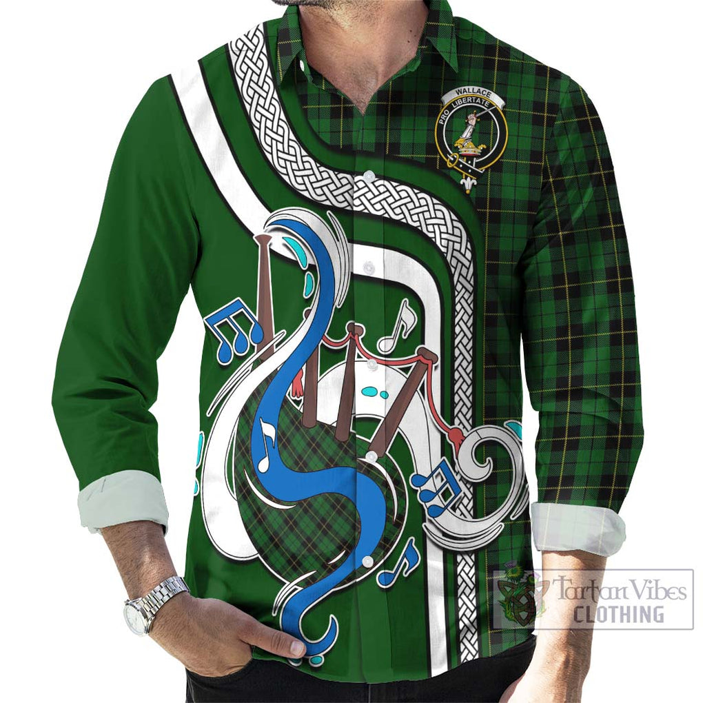 Wallace Hunting Tartan Long Sleeve Button Shirt with Epic Bagpipe Style - Tartanvibesclothing Shop