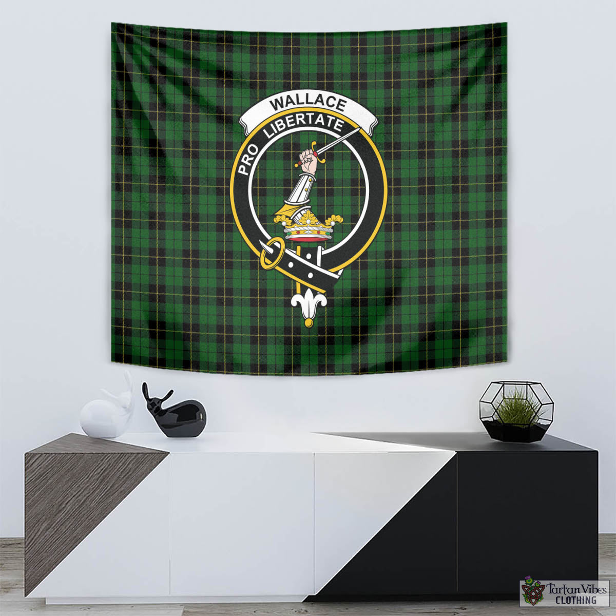 Tartan Vibes Clothing Wallace Hunting Tartan Tapestry Wall Hanging and Home Decor for Room with Family Crest