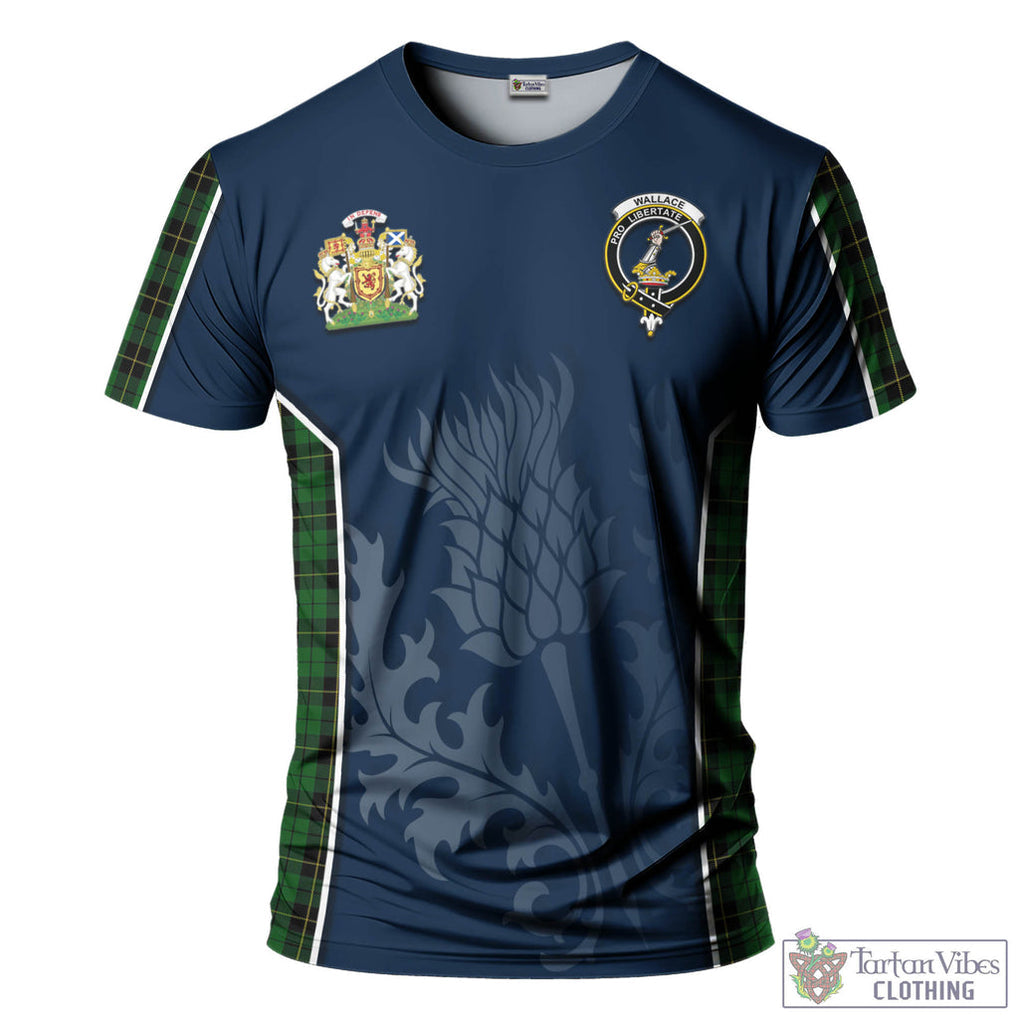 Tartan Vibes Clothing Wallace Hunting Tartan T-Shirt with Family Crest and Scottish Thistle Vibes Sport Style