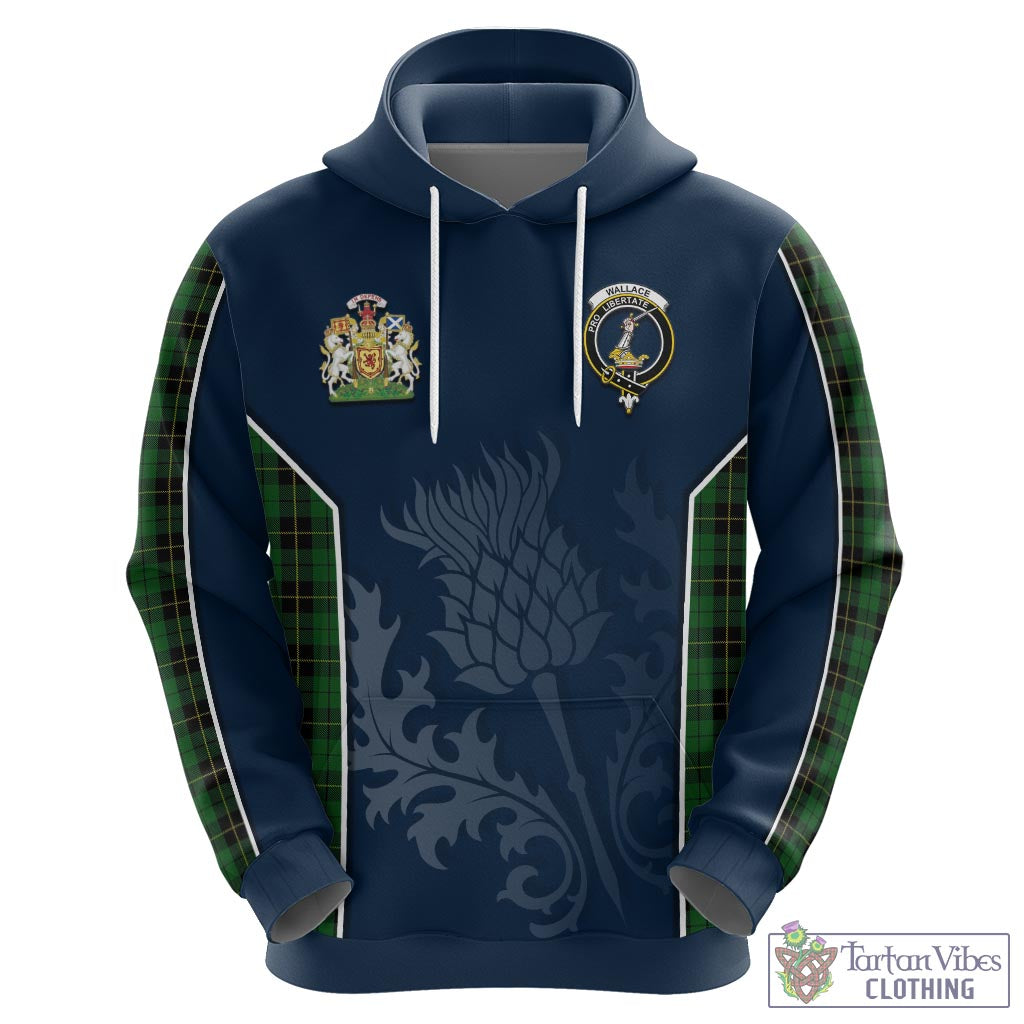 Tartan Vibes Clothing Wallace Hunting Tartan Hoodie with Family Crest and Scottish Thistle Vibes Sport Style