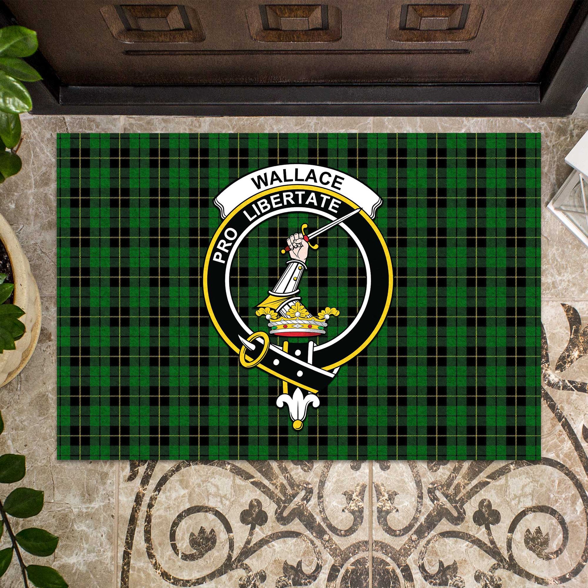 Wallace Hunting Tartan Door Mat with Family Crest - Tartanvibesclothing Shop