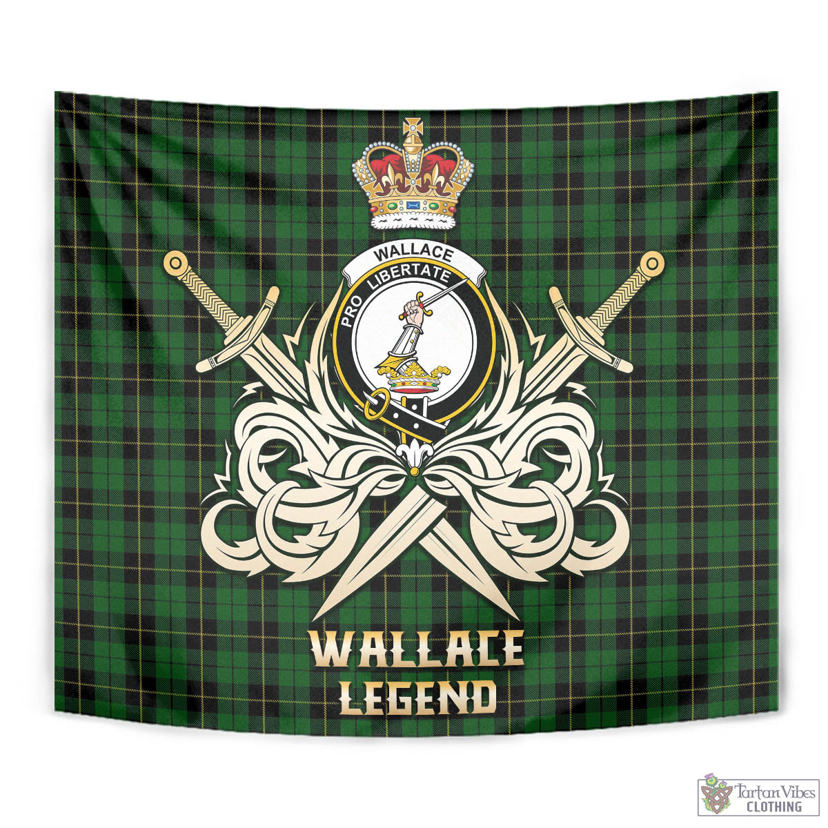 Tartan Vibes Clothing Wallace Hunting Tartan Tapestry with Clan Crest and the Golden Sword of Courageous Legacy