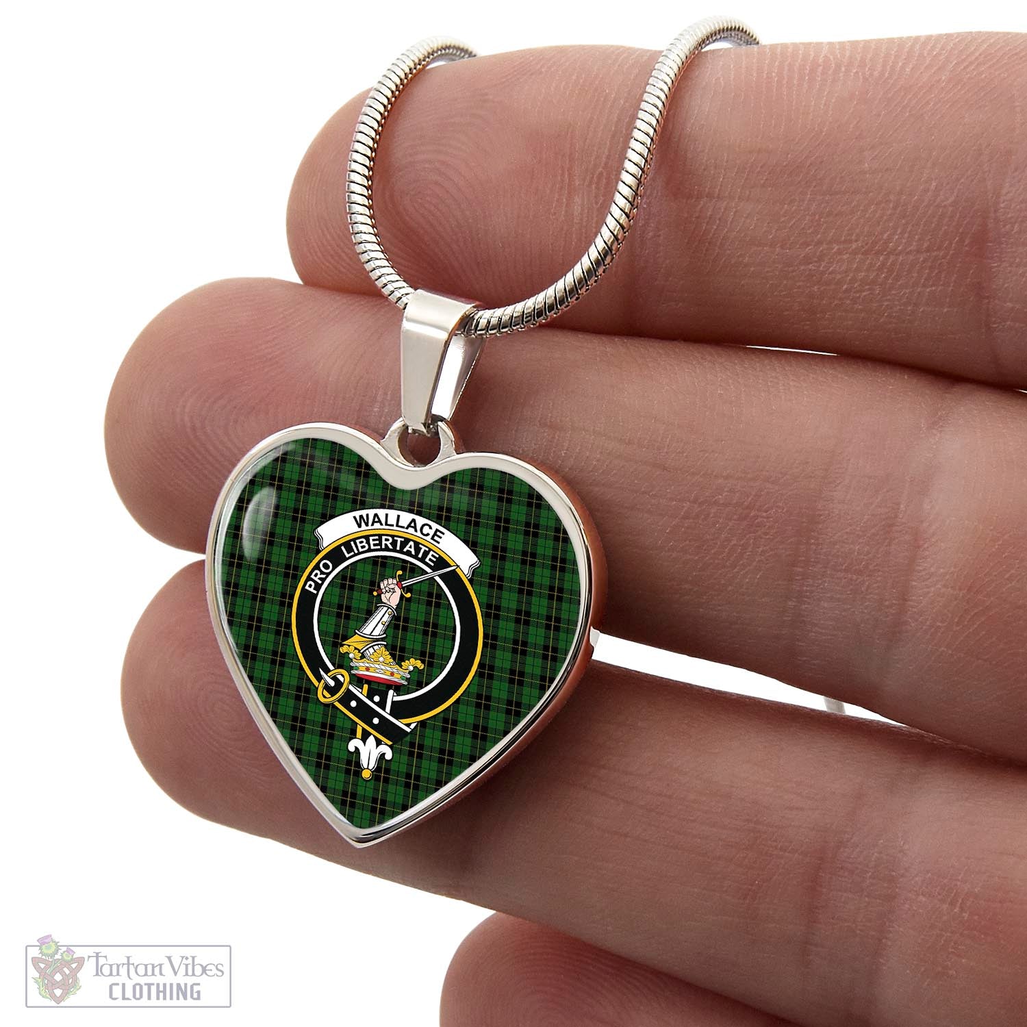 Tartan Vibes Clothing Wallace Hunting Tartan Heart Necklace with Family Crest