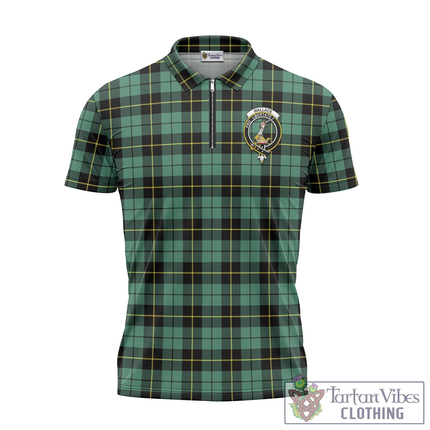 Tartan Vibes Clothing Wallace Hunting Ancient Tartan Zipper Polo Shirt with Family Crest