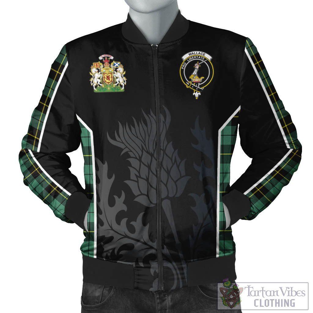 Tartan Vibes Clothing Wallace Hunting Ancient Tartan Bomber Jacket with Family Crest and Scottish Thistle Vibes Sport Style