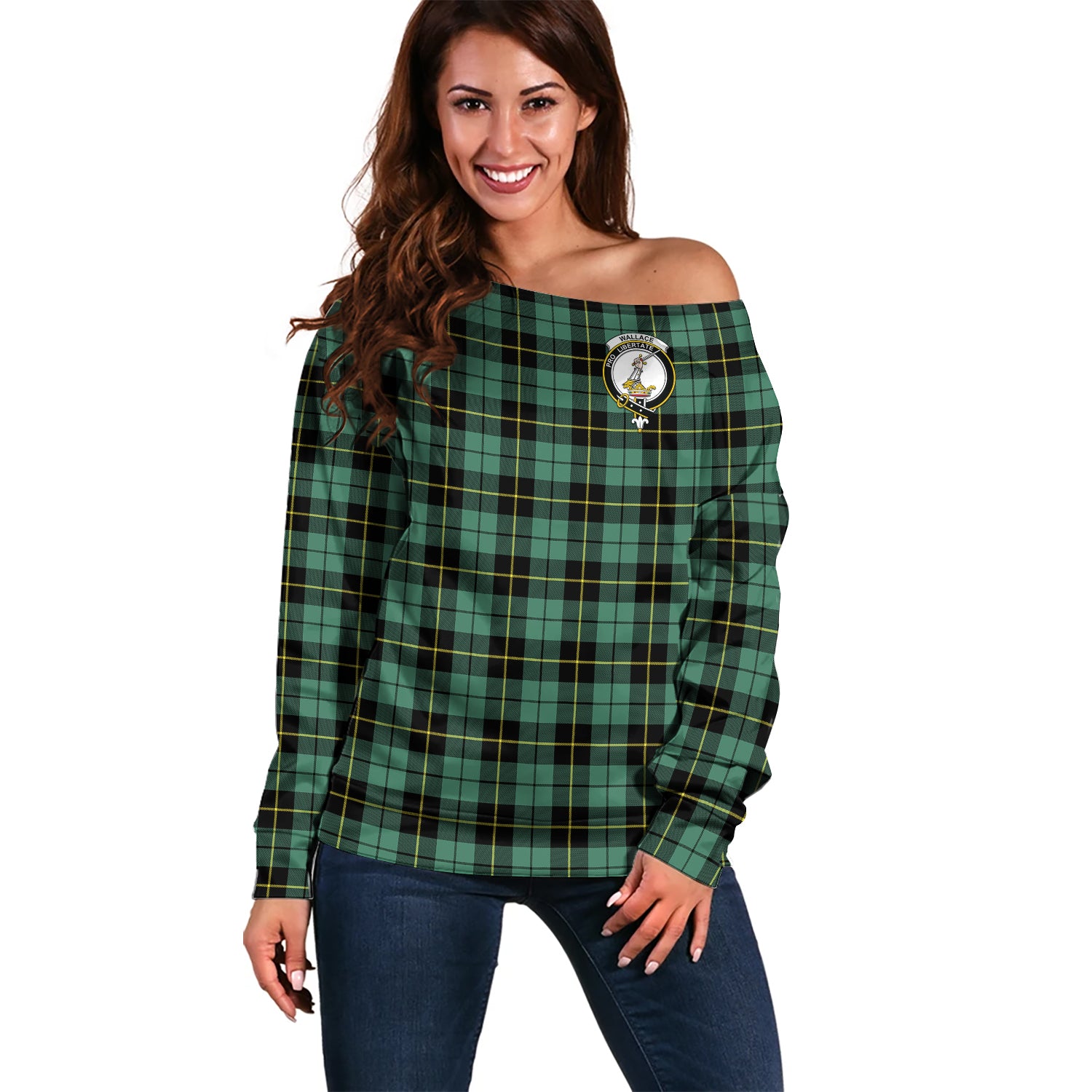 Wallace Hunting Ancient Tartan Off Shoulder Women Sweater with Family Crest Women - Tartanvibesclothing Shop