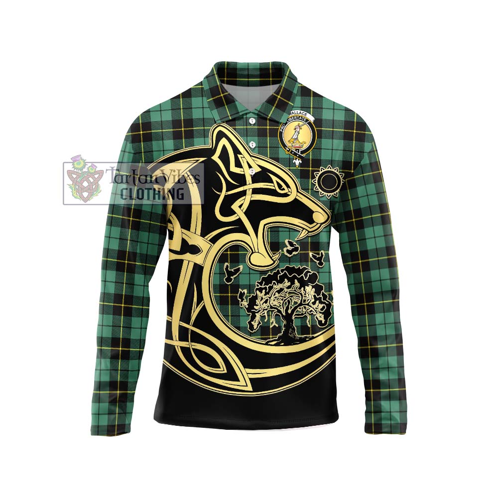 Wallace Hunting Ancient Tartan Long Sleeve Polo Shirt with Family Crest Celtic Wolf Style Unisex - Tartanvibesclothing Shop