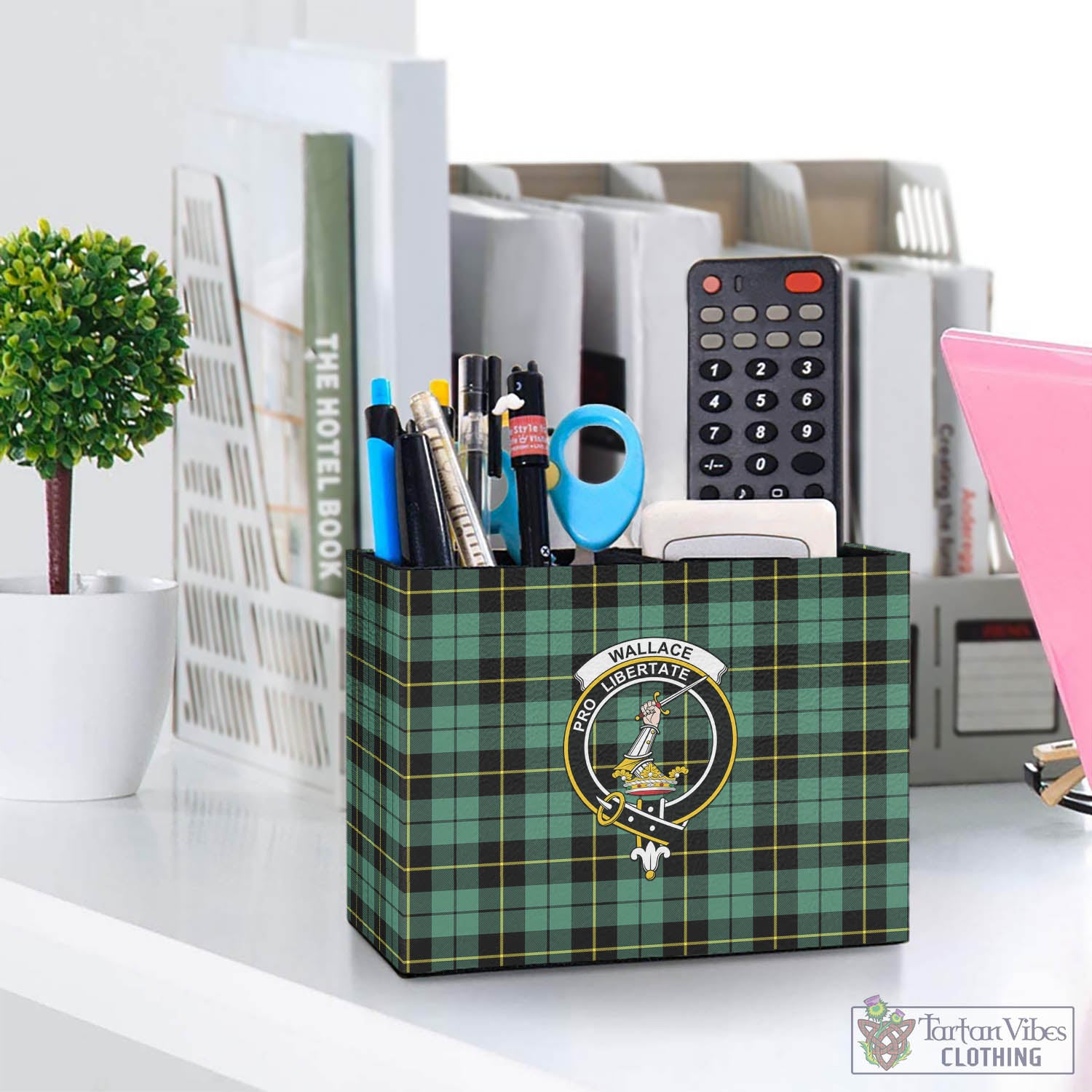 Tartan Vibes Clothing Wallace Hunting Ancient Tartan Pen Holder with Family Crest